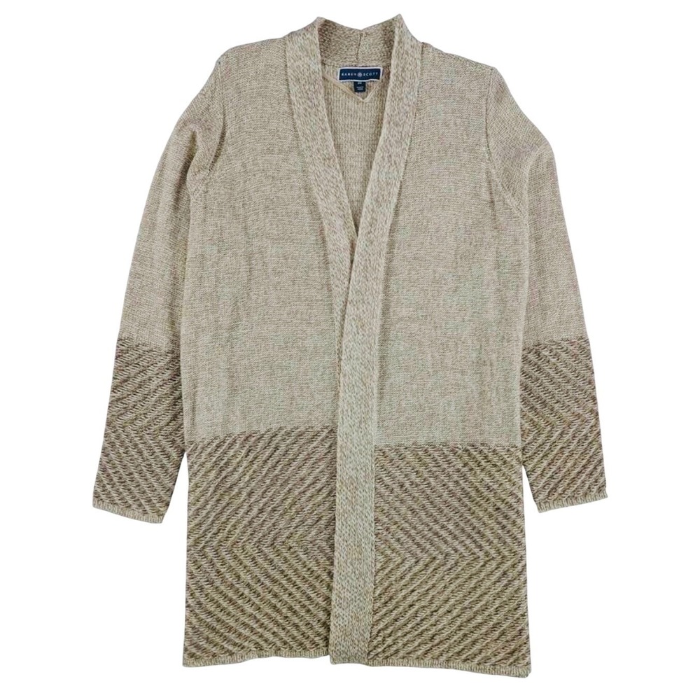 Karen Scott Women's‎ Long Open Front Knit Cardigan Sweater Beige XL Herringbone